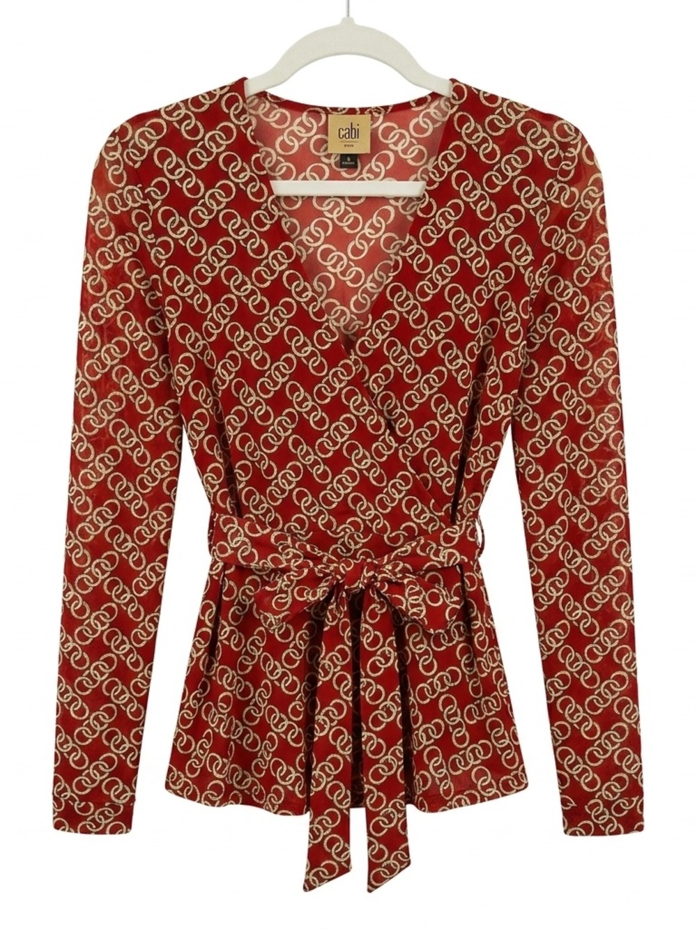 CAbi Rust Chain Print Wrap Top Sheer Mesh Tie Waist M Equestrian Chic Workwear